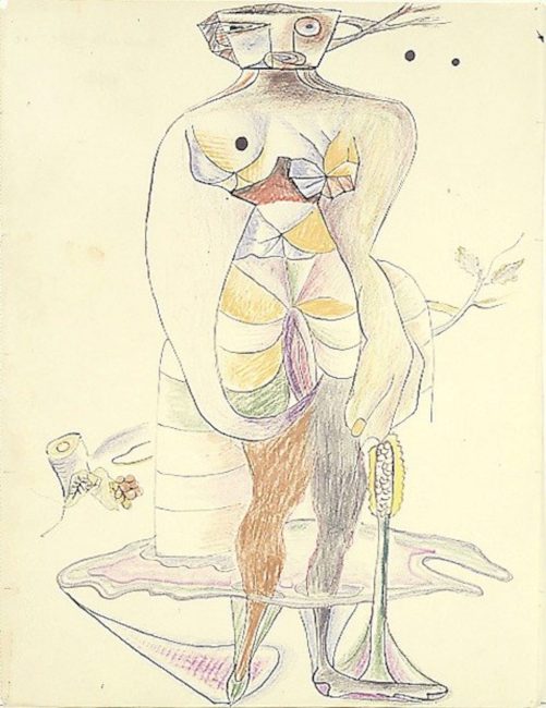 Collectif, cadavre exquis à l'encre et crayons de couleur sur papier réalisé à Marseille en 1940 © courtesy Association Atelier André Breton