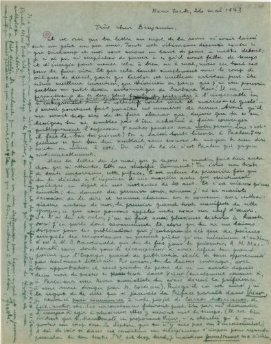 Lettre d’André Breton à Benjamin Péret, New York, 26 mai 1943, Fonds André Breton, Bibliothèque littéraire Jacques Doucet