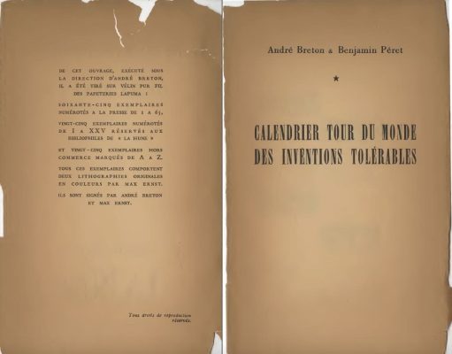 André Breton et Benjamin Péret, « Calendrier tour du monde des inventions tolérables », n° spécial 63-64 de la revue La Nef, « Almanach surréaliste du demi-siècle », mars-avril 1950