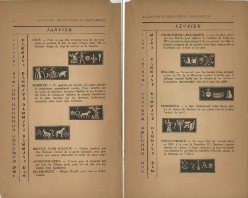 André Breton et Benjamin Péret, « Calendrier tour du monde des inventions tolérables », n° spécial 63-64 de la revue La Nef, « Almanach surréaliste du demi-siècle », mars-avril 1950