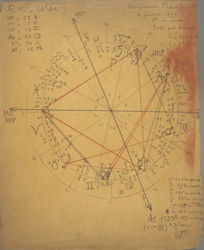 André Breton, Thème astrologique de Benjamin Péret, 1926-1030, manuscrit autographe, Collections Benjamin Péret, Ville de Nantes, Bibliothèque municipale © succession André Breton, ADAGP, courtesy Ville de Nantes, Bibliothèque municipale