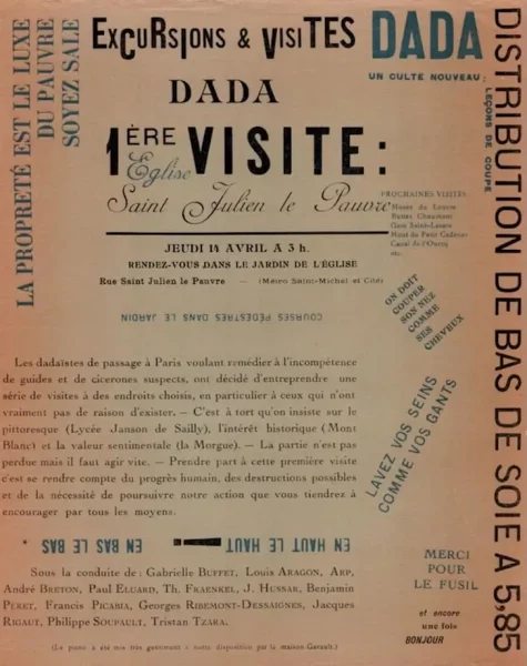 Invitation à la Manifestation Dada à Saint-Julien-le Pauvre du 14 avril 1921, affiche imprimée de couleur bleue avec slogans au tampon d'encre bleu