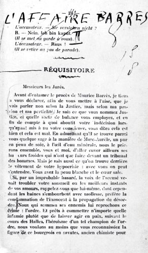 Page des épreuves du réquisitoire du procès Barrès avec l'échange en allemand avec Benjamin Péret non reproduit dans Littérature, Archives Picabia, reproduite dans Michel Sanouillet, Dada à Paris, Paris, Jean-Jacques Pauvert, 1965
