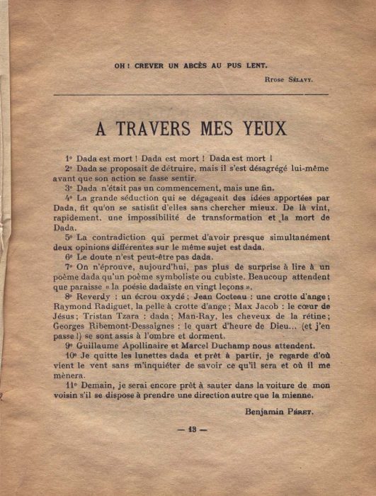 Benjamin Péret, « À travers mes yeux », dans Littérature, Nouvelle série, n° 5, 1er octobre 1922