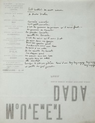 Benjamin Péret, Le Passager du Transatlantique, deux pages du manuscrit autographe, écrites au verso du papier à en-tête du mouvement Dada, Collections Benjamin Péret, Ville de Nantes, Bibliothèque municipale