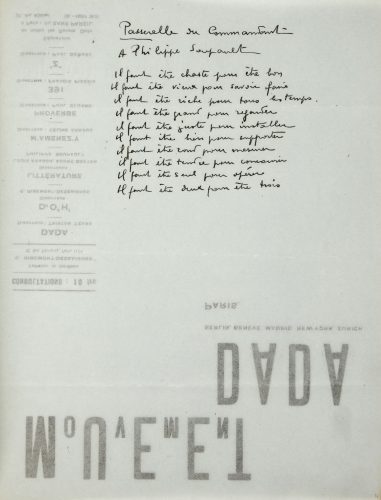 Benjamin Péret, Le Passager du Transatlantique, deux pages du manuscrit autographe, écrites au verso du papier à en-tête du mouvement Dada, Collections Benjamin Péret, Ville de Nantes, Bibliothèque municipale