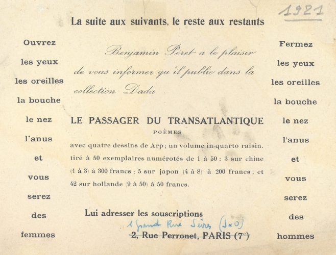 Bulletin de souscription pour Le Passager du Transatlantique, 1921