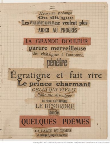 André Breton, collage de coupures de journaux du cinquième cahier manuscrit des textes automatiques qui composent Poisson soluble, daté des 16 et 17 avril 1924, Bibliothèque nationale de France, Paris © succession André Breton, ADAGP, courtesy Association Atelier André Breton