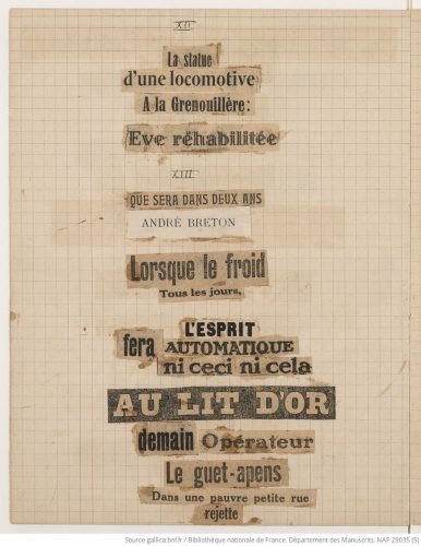 André Breton, collage de coupures de journaux du cinquième cahier manuscrit des textes automatiques qui composent Poisson soluble, daté des 16 et 17 avril 1924, Bibliothèque nationale de France, Paris © succession André Breton, ADAGP, courtesy Association Atelier André Breton