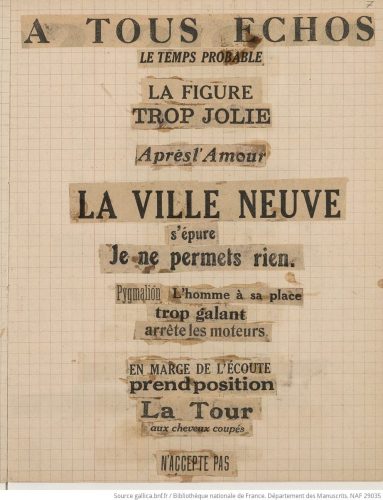 André Breton, collage de coupures de journaux du cinquième cahier manuscrit des textes automatiques qui composent Poisson soluble, daté des 16 et 17 avril 1924, Bibliothèque nationale de France, Paris © succession André Breton, ADAGP, courtesy Association Atelier André Breton