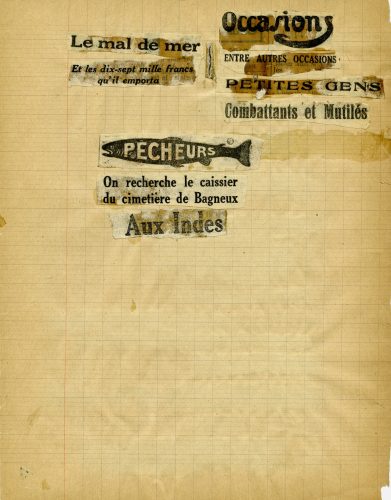 Benjamin Péret, collage typographique daté du printemps 1924. Cahiers autographes du groupe surréaliste, Collections Benjamin Péret, Ville de Nantes, Bibliothèque municipale