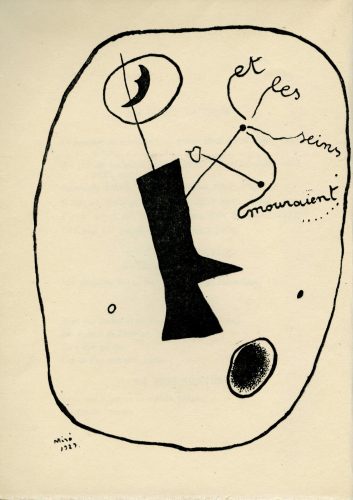Benjamin Péret, ...Et les seins mouraient..., Marseille, Les Cahiers du sud, 1929. Édition originale ornée d'un frontispice par Miró, envoi de Benjamin Péret à André Breton, Collections Benjamin Péret, Ville de Nantes, Bibliothèque municipale