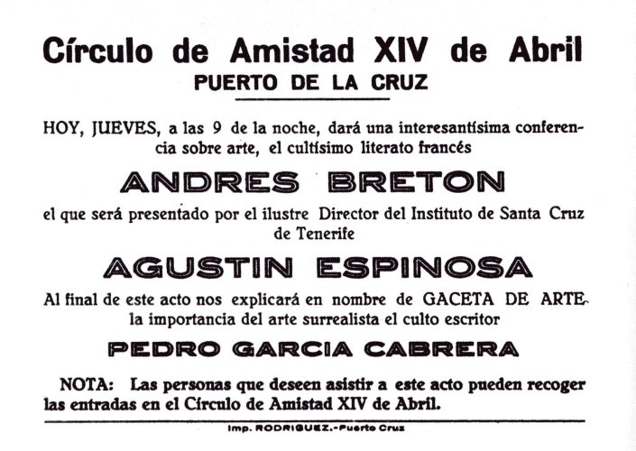 Affiche des conférences d’André Breton à Tenerife, 1935