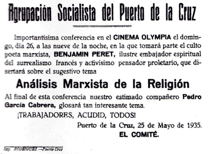 Affiche des conférences de Benjamin Péret à Tenerife, 1935