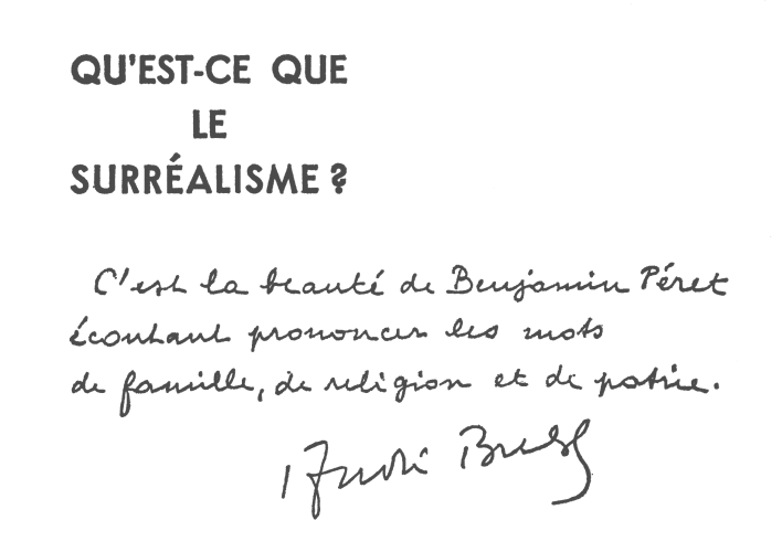 Envoi d’André Breton à Benjamin Péret dans l’édition originale d’André Breton, Qu’est-ce que le surréalisme ?, Bruxelles, éditeur René Henriquez, 1934