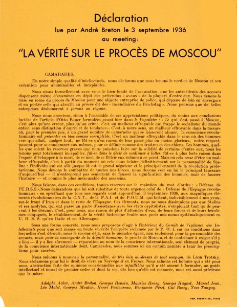 Déclaration lue par André Breton le 3 septembre 1936 © courtesy Association Atelier André Breton