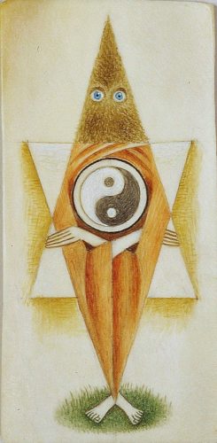 Remedios Varo, Personnage au Ying et Yang, sans date, gouache sur ivoire, 11 x 5,5 cm © succession Remedios Varo, ADAGP, courtesy Association Atelier André Breton