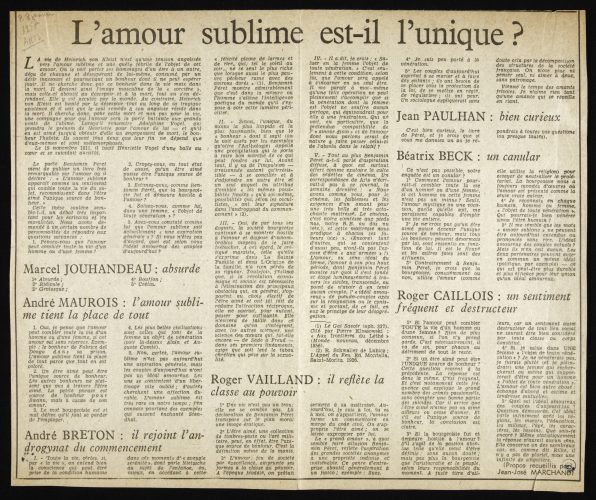 André Breton, « L’Amour sublime est-il unique ? », coupure de presse du texte à propos de L'Anthologie de l'amour sublime de Benjamin Péret, Arts, 2 janvier 1957, Collections Benjamin Péret, Ville de Nantes, Bibliothèque municipale